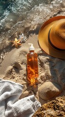 Hat, towel, and a sunscreen bottle of water on the beach