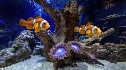 Fototapeta premium An aquarium with two clownfish and anemones