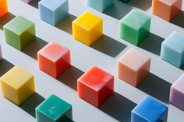 Obraz premium Brightly colored cubes with a matte finish placed neatly on a light gray surface, creating a grid-like arrangement with soft, diffused shadows.