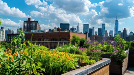 Fototapeta premium Cityscape View from a Rooftop Garden