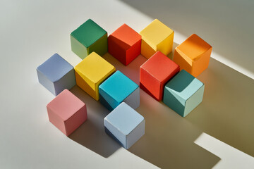 Obraz premium A cluster of multi-colored cubes arranged randomly on a smooth, light gray surface, with soft shadows creating a sense of depth and contrast between the vibrant hues.