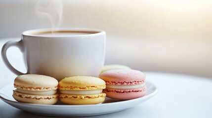 Steaming Cup of Coffee with Colorful Macarons on a White Plate.