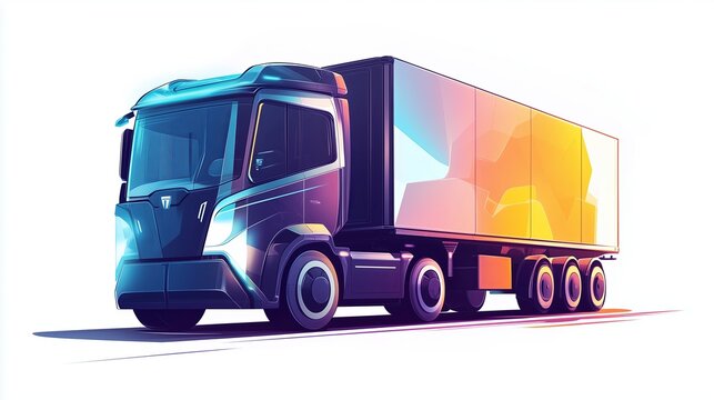 An artistic, flat style illustration of a modern electric cargo truck with a semi transparent look,