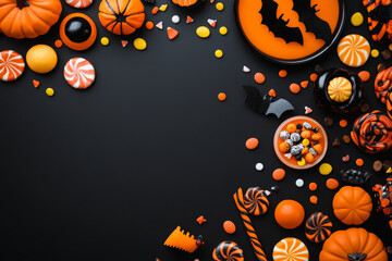 A black-and-orange Halloween-themed background with candy, bats, and spooky decorations, creating a festive party atmosphere.