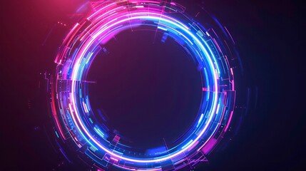 A neon pink and blue ring on a black background, made of lines and dots, with a futuristic design.