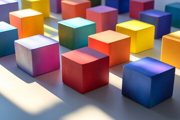 Obraz premium Brightly colored cubes with a matte finish placed neatly on a light gray surface, creating a grid-like arrangement with soft, diffused shadows.