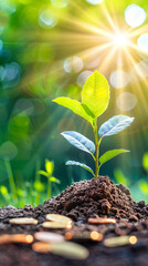 Young Sapling Sprouting from a Pile of Currency and Coins Illustrating Financial Growth and Investment
