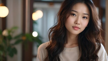 A young asian woman with long, dark hair. She is wearing a white shirt and is looking directly at the camera.