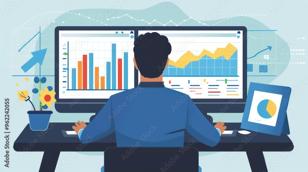 Poster a man sits at a desk in front of a computer, looking at graphs and charts, working on his business.