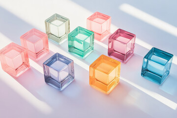 Fototapeta premium A minimalist composition of multi-colored cubes placed symmetrically on a soft white surface, with light softly bouncing off their shiny, smooth faces.