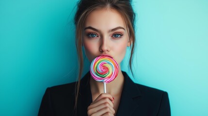 A young businesswoman in a black suit holds a colorful lollipop to her mouth, smiling playfully against a pale blue background