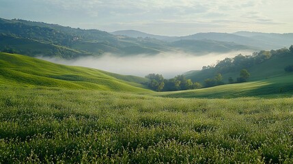 Naklejka premium A hillside blanketed in fog and nestled in a valley between rolling hills, dotted with trees in the foreground