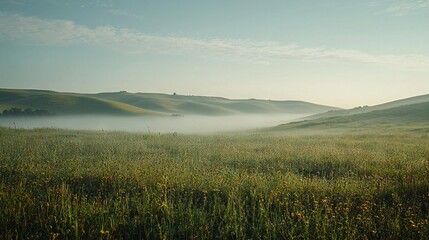 Fototapeta premium A foggy field with hills in the distance, trees in the foreground, and yellow wildflowers