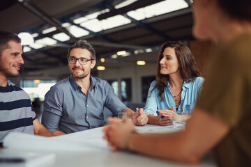 People, small business and meeting in office for brainstorming, advice or project management. Team,...