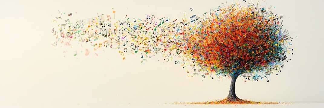 An abstract artwork of a tree with vibrant, rainbow-colored musical notes blowing away from its canopy, symbolizing the free flow of creativity and emotions.
