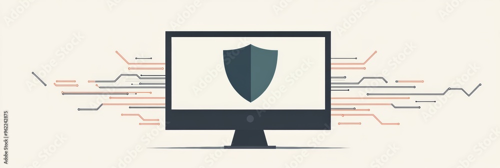 Poster Digital shield on a monitor screen representing cybersecurity protection. Concept of secure data transmission.