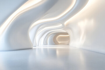 A sleek 3D white interior with smooth, flowing walls and a minimalist design. The light is diffused, creating soft shadows and giving the space a futuristic, clean look.