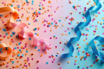 Many confetti and streamers on a pink and blue background