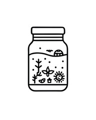 Black and white line drawing of a jar with a closed lid, containing a mini world with a sun, a bat, a flower, a leaf, a box, and two branches.