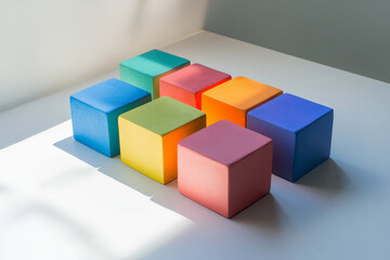 Obraz premium Brightly colored cubes with a matte finish placed neatly on a light gray surface, creating a grid-like arrangement with soft, diffused shadows.