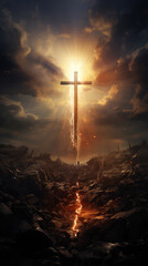Naklejka premium generated illustration of Christian cross appears in the sky background.
