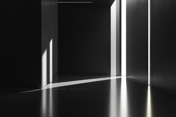 A 3D black interior with a seamless blend of matte and gloss finishes. The minimalist design features sharp, clean lines and subtle lighting to enhance the sense of space.