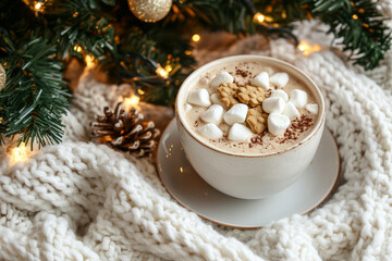 Cup of hot cocoa with marshmallow and knitted scarf on Christmas tree background