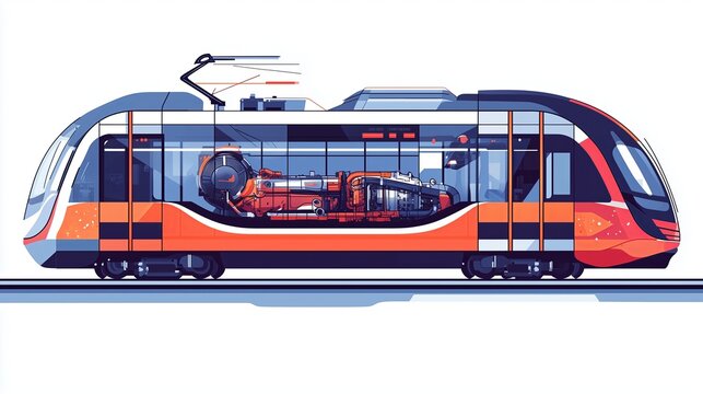 An artistic, flat style illustration of a modern metro car with semi transparent panels, revealing