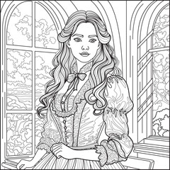 Coloring page with a princess with long, wavy hair and a detailed, ornate dress. Scenic landscape with trees and clouds. Black and white line art. Vector flat coloring page.