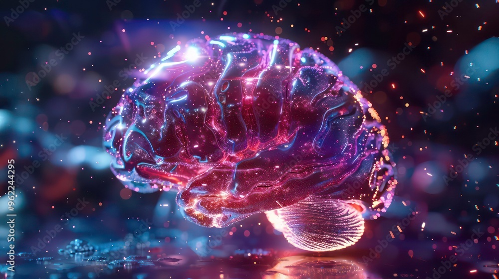 Aufkleber a 3d rendering of a glowing, transparent human brain with a dark background and bokeh lights.