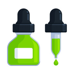 Light green dropper bottle with pipette and droplet. Flat vector illustration isolated on white background with copy space. Ink, dye, colorant, tincture, reagent, essential oil, serum concept