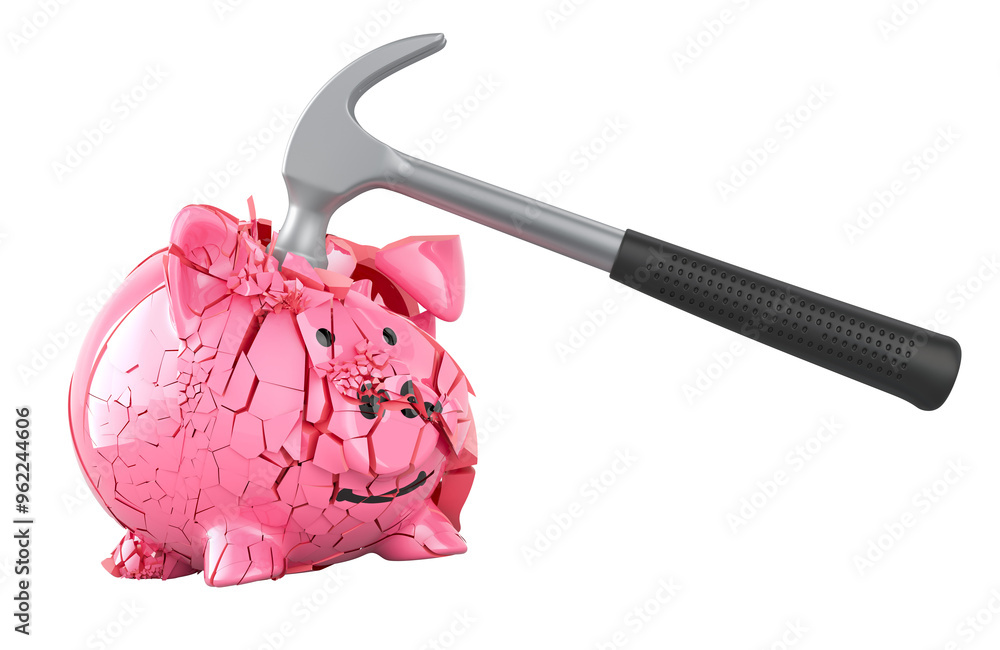 Poster hammer breaking piggy bank, 3d rendering isolated on transparent background