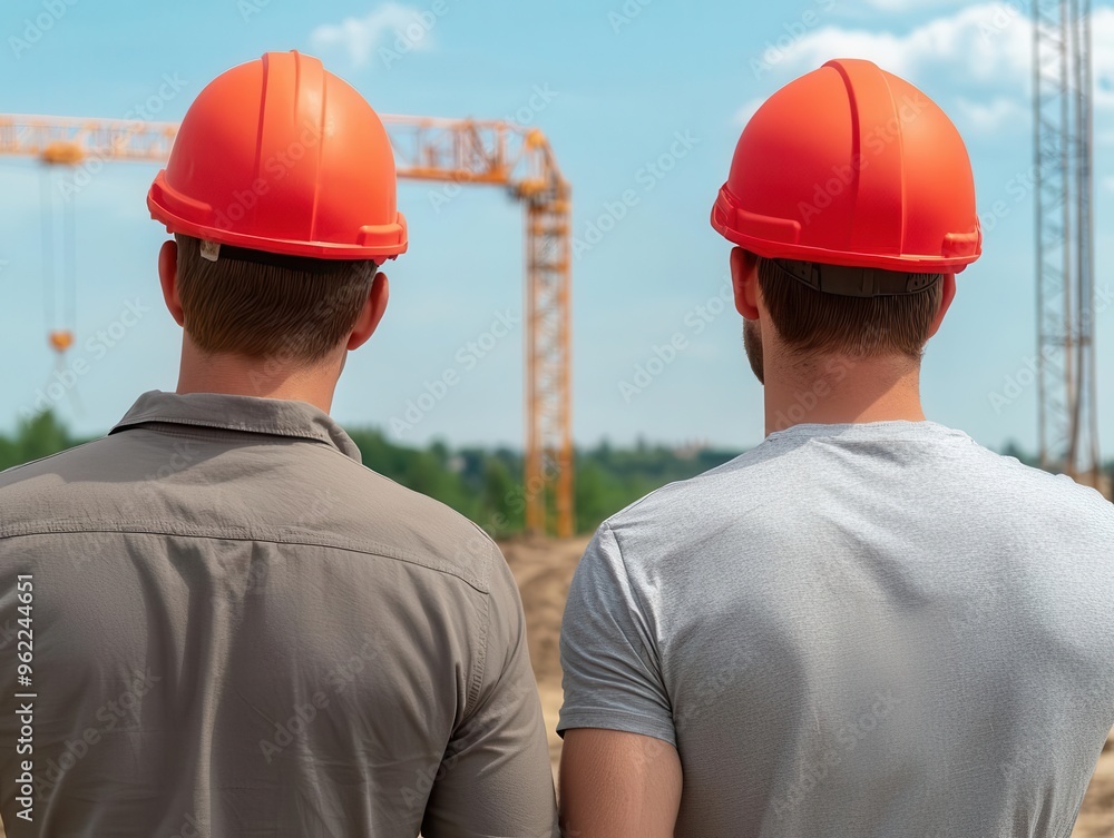 Aufkleber two engineers reviewing a real estate project layout on-site with cranes and scaffolding in the back