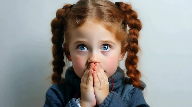 A young girl with striking blue eyes and braided hair expresses surprise while placing her hands over her mouth. The warm indoor ambiance enhances her playful demeanor, conveying innocence.