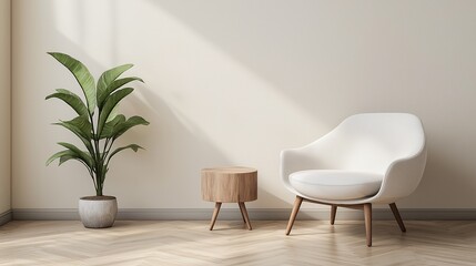 A serene bedroom corner featuring a white accent chair, a small wooden side table, and a potted plant against a soft beige wall
