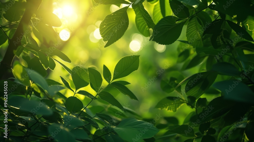 Poster a serene view of sunlight streaming through vibrant green leaves, creating a tranquil and refreshing