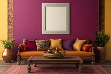  A vibrant, Indian-style living room featuring rich colors, ornate wooden furniture, and silk cushions. One large, white photo frame on the wall. Mockup for photos and art.