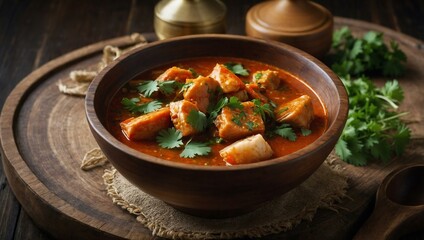 Wooden bowl filled with rich fish stew, garnished with cilantro.