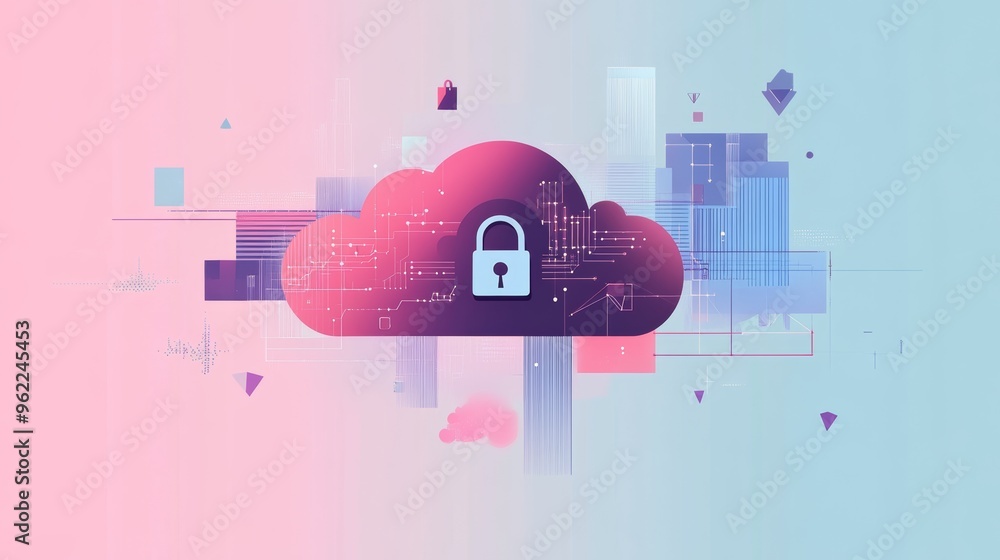 Aufkleber Digital lock icon on a futuristic cloud with light geometric shapes on a pastel abstract background. Symbolizes secure cloud computing and data protection.