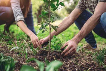 Fototapeta premium Couple Planting Tree for New Year Resolution, Embracing Sustainability and Environmental Consciousness