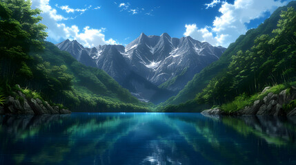 Fototapeta premium Lake Anime Style Background. Nature Wallpaper