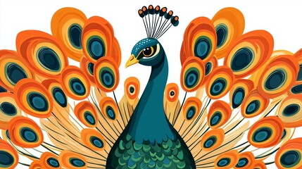 An artistic, flat style illustration of a peacock with an eye catching display of feathers, centered