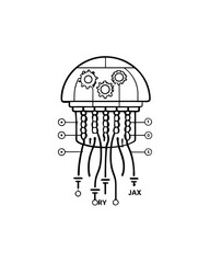 A blueprint style illustration of a mechanical jellyfish.