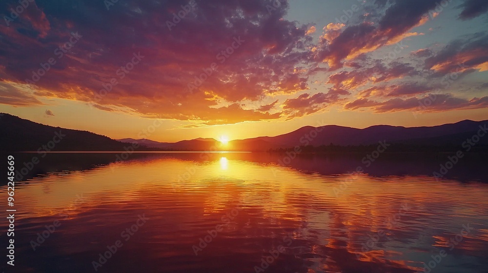 Wall mural a stunning sunset over a vast waterbody, framed by majestic mountains