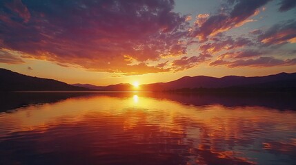   A stunning sunset over a vast waterbody, framed by majestic mountains