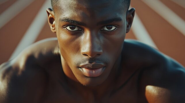Close-up of a determined sprinter preparing at the starting blocks, showcasing his muscular build and focused expression