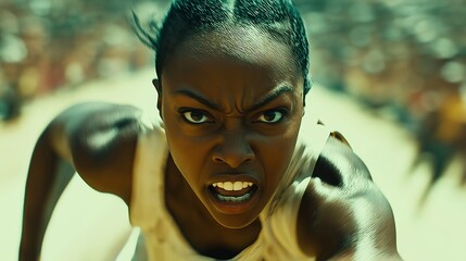 Close-up of a determined sprinter crossing the finish line, fierce expression as she breaks the tape, with blurred cheering spectators in the background