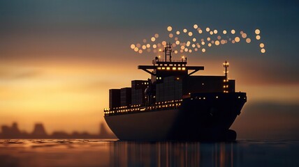 Fototapeta premium Silhouette of a cargo ship leaving port at dawn, global network connections glowing above, silhouette cargo ship, supply chain networks