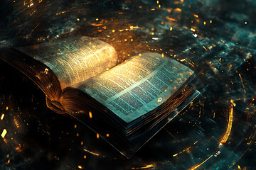 An abstract digital background showcasing an open book lying on a surface, symbolizing divine revelation or God's guidance.