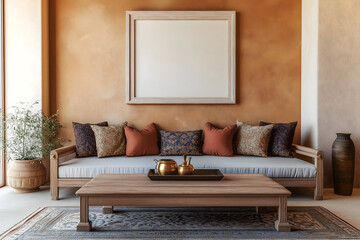  A modern, Indian-style living room featuring modern colors. One large, white photo frame on the wall. Mockup for photos and art.